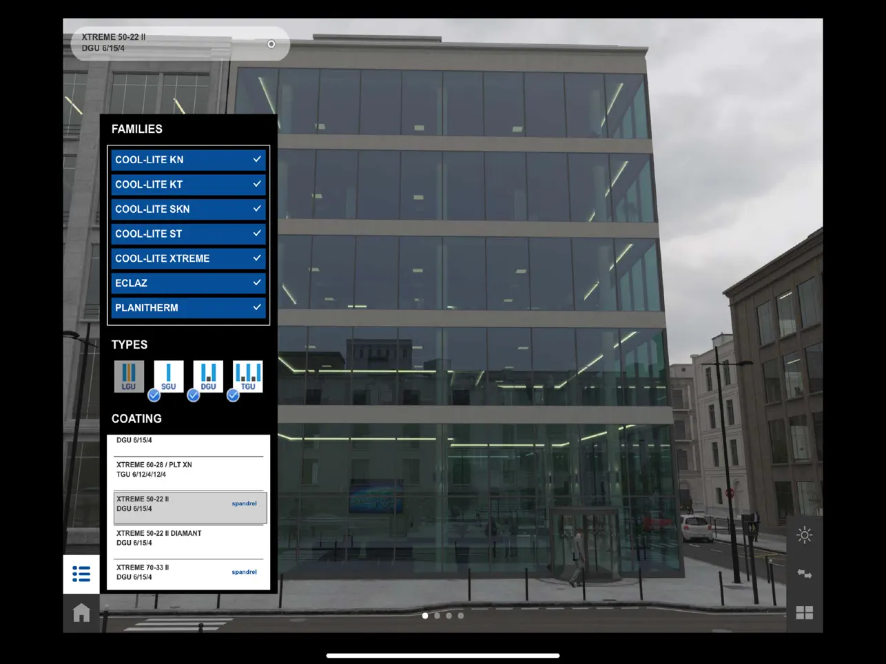 Choix d'un vitrage sur l'application Glasspro