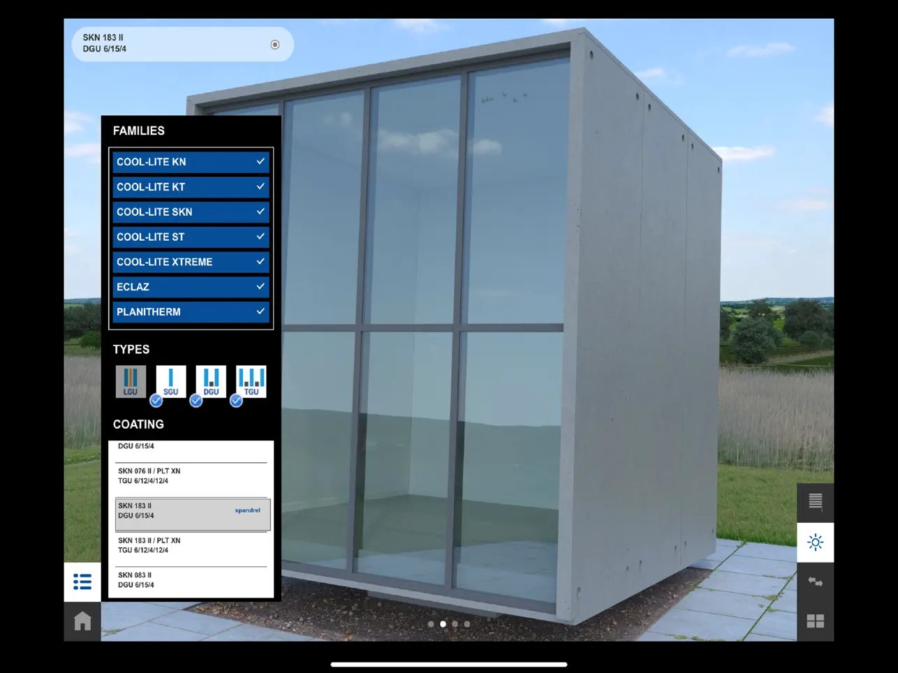 Affichage d'un vitrage composé de store sur l'application Glasspro