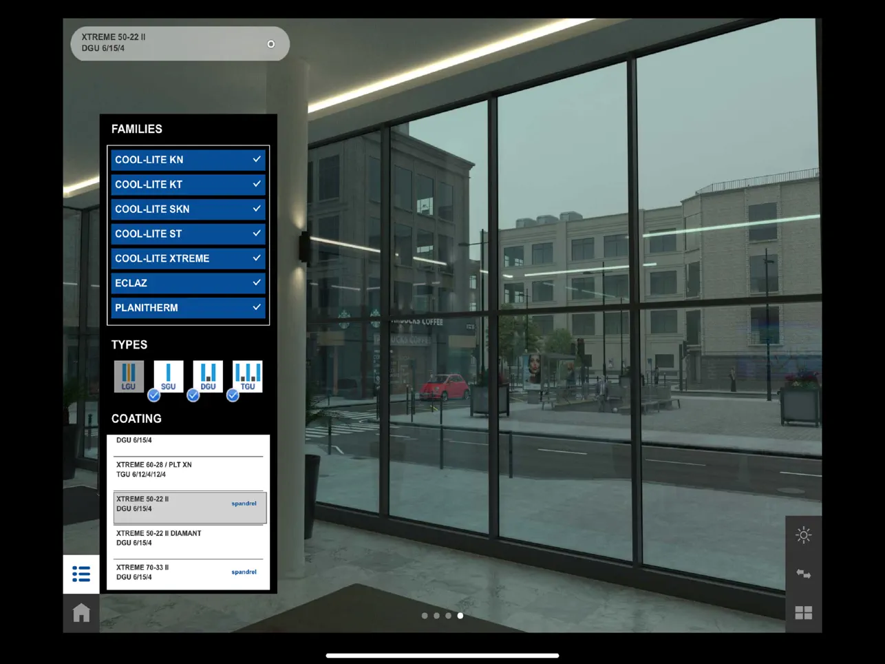 Choix d'un vitrage sur l'application Glasspro